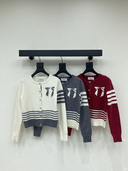 Thom Browne Round Neck Beaded Bow Knitted Cardigan, High-Quality Wool Blend, Elegant Appeal