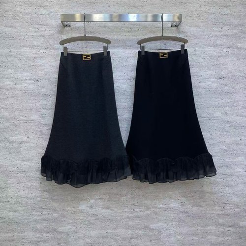 Fendi Graceful Semi-Skirt in Gray or Black TR Fleece with Net Ruffles Trim
