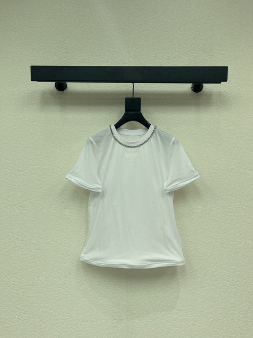 Prada Redesigned Short-Sleeved T-Shirt with Embroidered Neckline and Sleeves