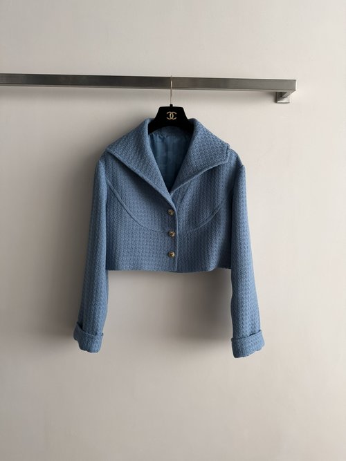 Chanel Blue Tweed Jacket with Golden Buttons for Chic Appearance
