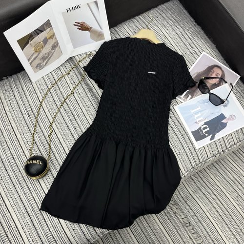 Miu Miu Georgette Mini Dress with Ruffled Fabric and Logo