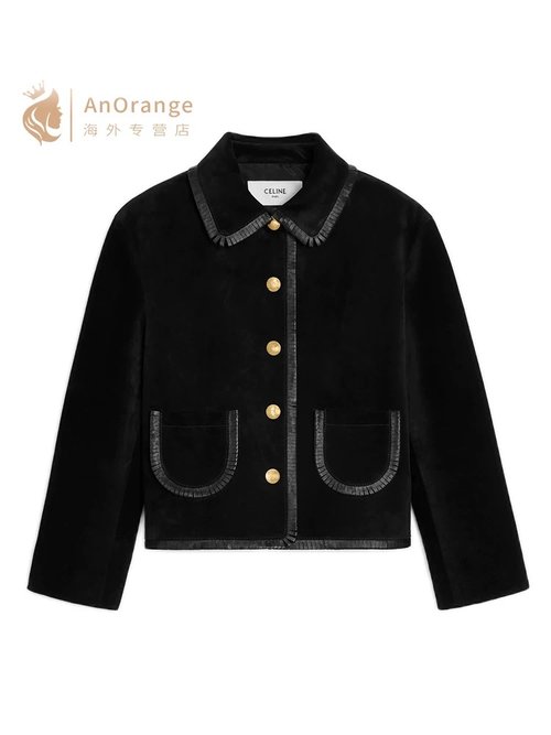 Celine Stylish Black Velvet Coat with Gold Buttons and Doll Collar