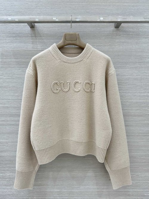 Gucci Milk-Tea Colored Knit Top with Letter Embroidery