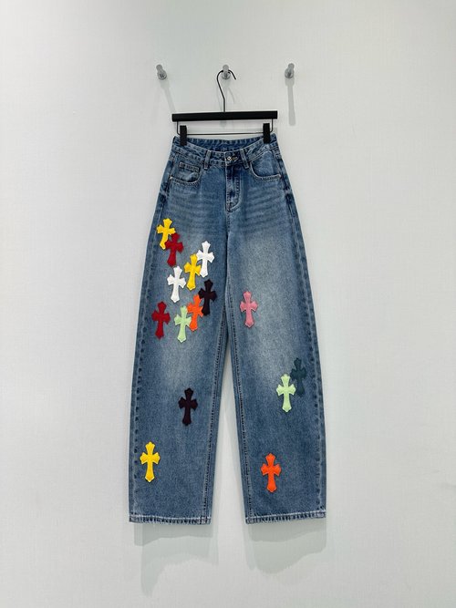 Chrome Hearts Original Color Cross Patch Jeans, Comfortable Style