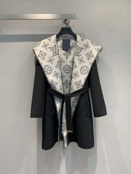 Louis Vuitton Wrap-style Mid-length Silk-wool Blend Coat with Big Collar