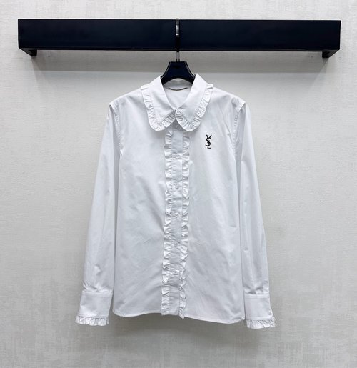 Yves Saint Laurent Ruffled Collar Cotton Shirt with Embroidered Logo: Distinguished Look