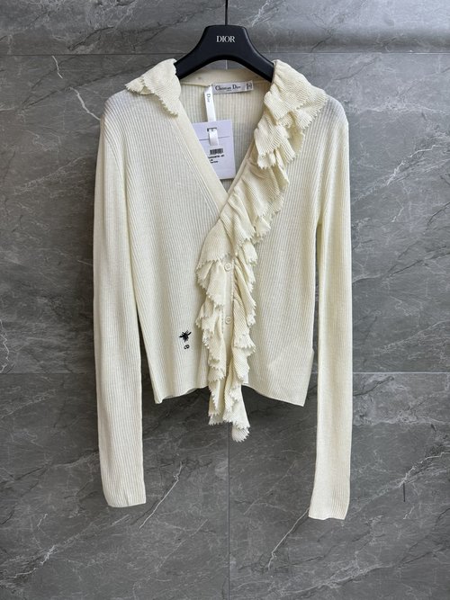 Dior Detachable Ruffled V-neck Silk-linen Blended Sweater