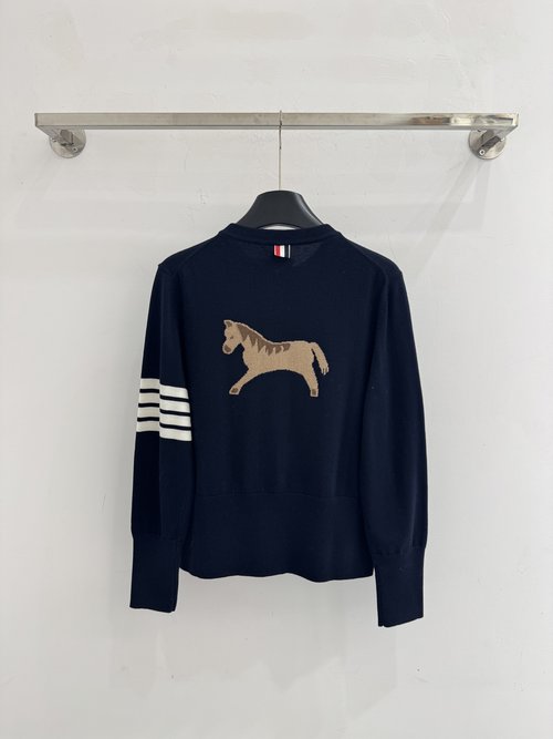 Thom Browne Long-Sleeve Knit Top with Horse Design and Stripes