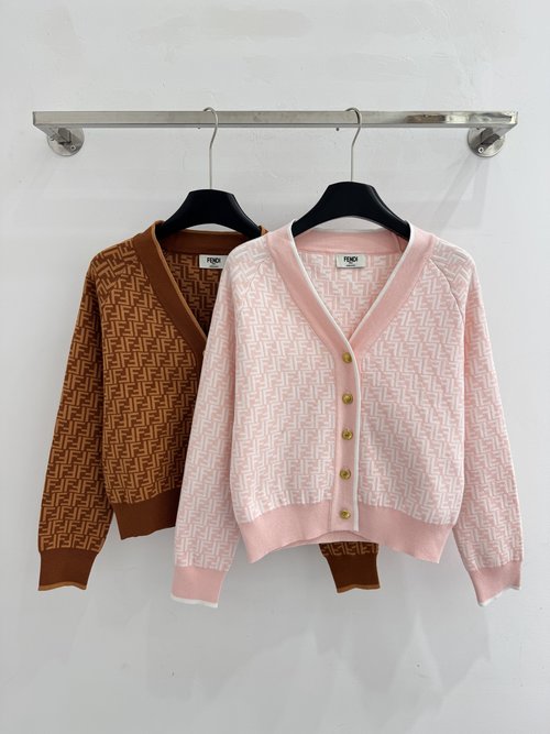 Fendi V-Neck Jacquard Knit Cardigan with Double F Pattern