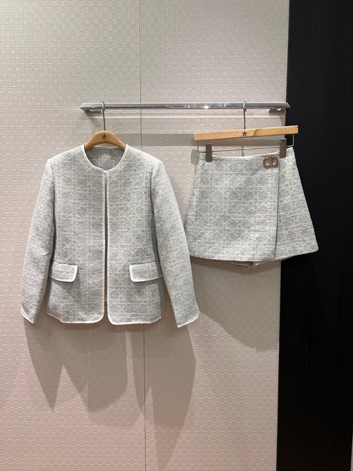 Dior Graceful Commuting Outfit: Light Blue Tartan Blazer and Skirt