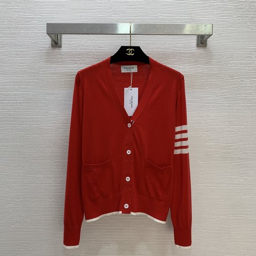 Thom Browne Three-Color Tape Spliced V-Neck Long Sleeve Cardigan