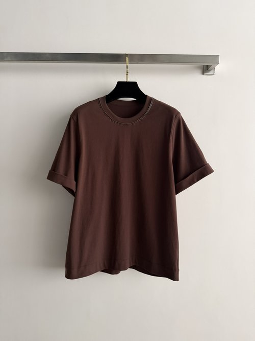 Loro Piana Beaded Collar Cotton Short-Sleeve T-Shirt, Simple and Elegant