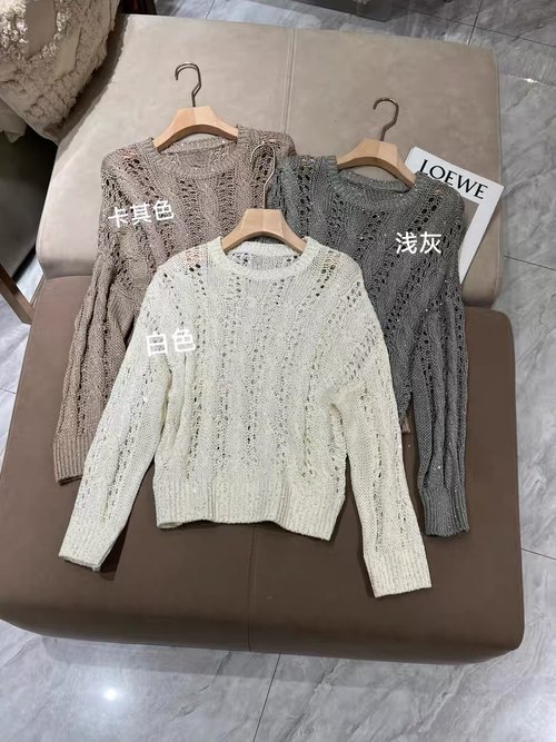 Brunello Cucinelli Round-neck Sequined Hollow-out Long-sleeve Knit in Three Shades