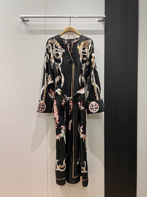 Hermes Silk V-Neck Long Dress with Belt and Slit Hem