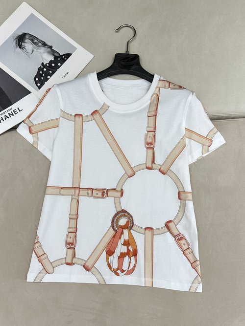 Hermes Pure Cotton T-Shirt with Leather Buckle & Print
