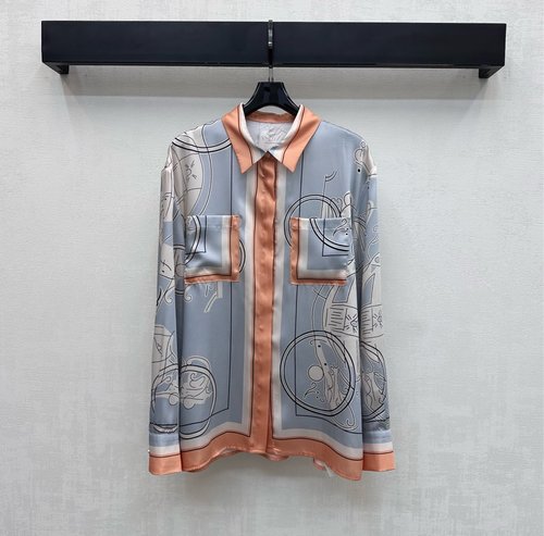 Hermes Silk Shirt with Artistic Print Trim