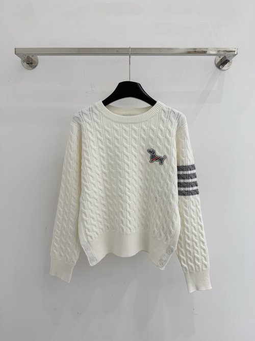 Thom Browne White Round Neck Cable Knit Sweater with Puppy Embroidery