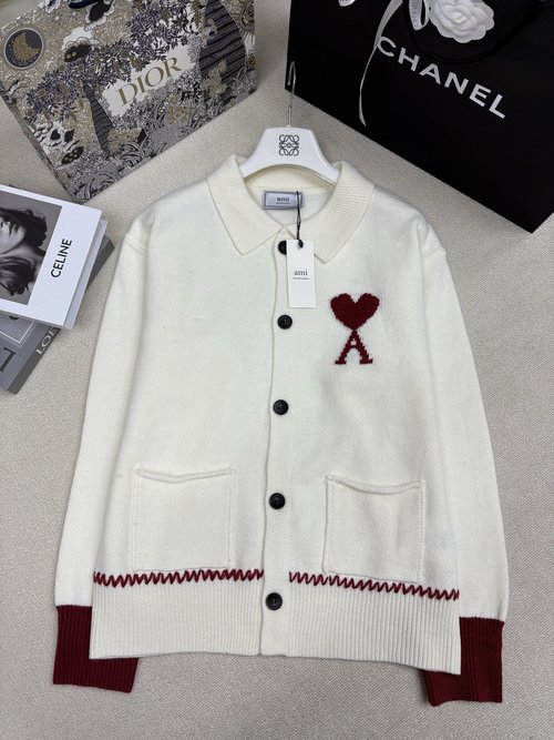 Ami Turn-Down Collar Knit Cardigan with Brand Letter Jacquard, Luxury