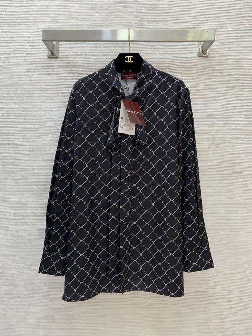 Gucci Silk Satin Dress with Diamond Horsebit Pattern and Bowtie Collar