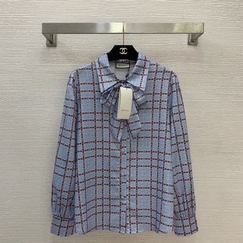 Gucci Logo and Grid-Printed Collared Long-Sleeve Shirt with Bow