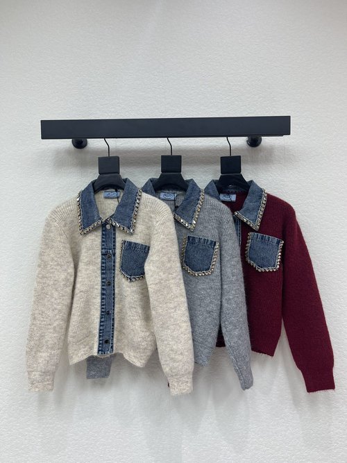 Prada Two-piece Knit Cardigan with Denim Pocket and Embellished Collar