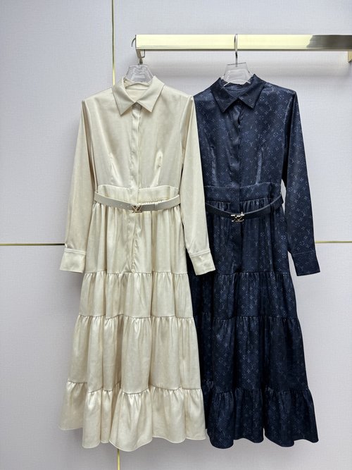 Louis Vuitton Vintage Floral Collared Dress with Tiered Skirt and Belt