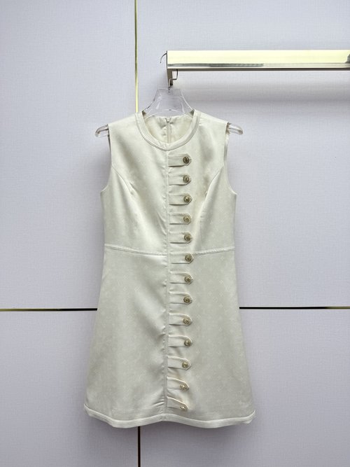 Louis Vuitton Sleeveless Dress: Vintage Floral Print, Metal Buttons