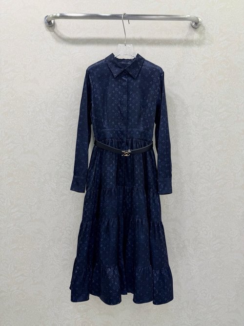 Louis Vuitton Classic Long-Sleeve Print Dress with Stylish Collar and Belt