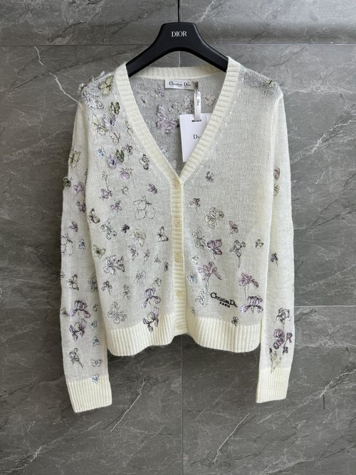 Dior Spring V-Neck Knit Cardigan with Butterfly Embroidery