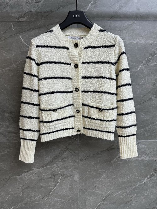 Dior Round Neck Striped Knit Cardigan with Anchor Buttons
