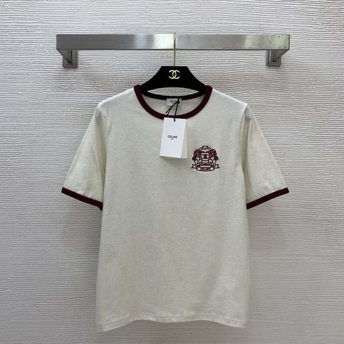 Celine High-end Custom Round-neck T-shirt with Logo Embroidery and Color-blocked Edge
