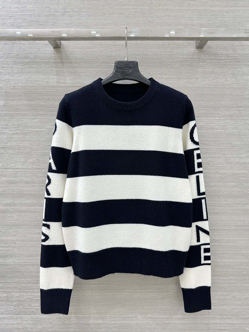 Celine Exclusive Striped Logo Knit Top in 100% Soft Wool