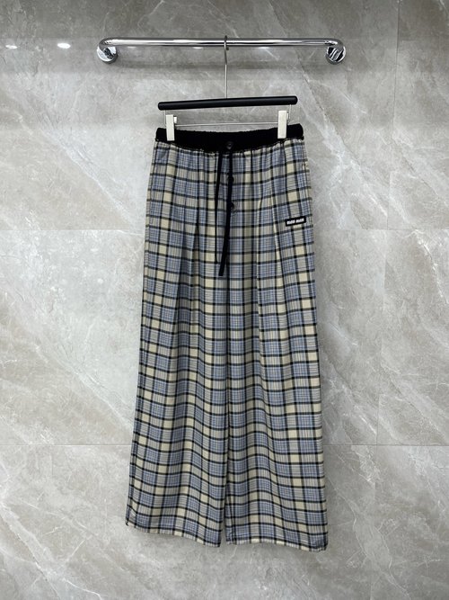 Miu Miu Drawstring Checkered Casual Pants with Craft Label