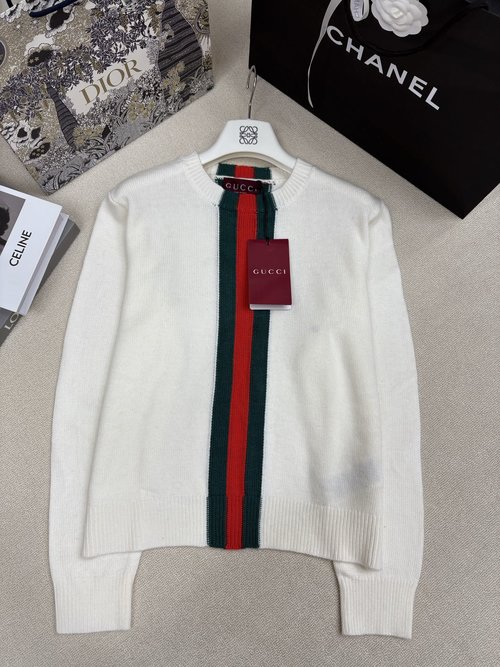 Gucci Knit Round-neck Pullover with Classic Red-green Webbing Jacquard
