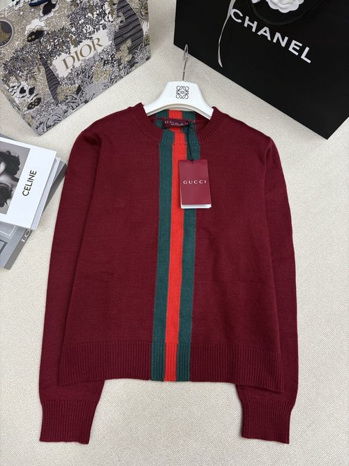 Gucci Knit Round-neck Pullover with Classic Red-green Webbing Jacquard
