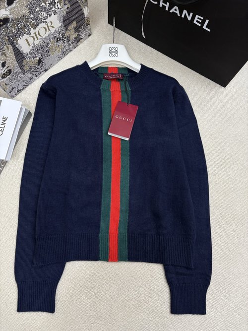 Gucci Knit Round-neck Pullover with Classic Red-green Webbing Jacquard