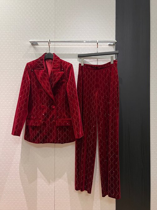 Gucci Trendy Double G Rhinestone Velvet Suit and Trousers