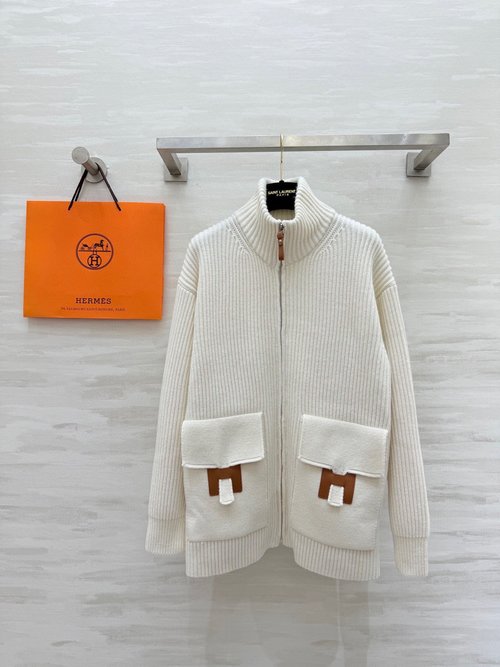 Hermes New Milky Knit Sweater with Brown Leather Pockets