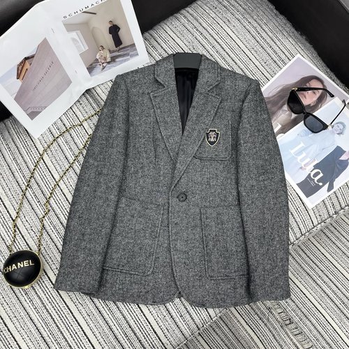 Brunello Cucinelli Herringbone Lapel Blazer with Embroidered Badge Pocket