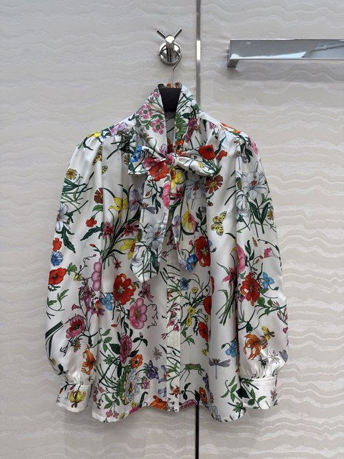 Gucci High-End GG Floral Silk Shirt with Scarf Collar