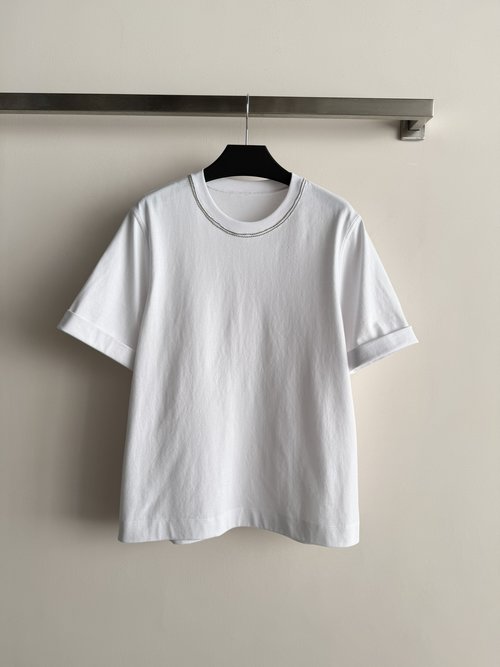 Loro Piana Breathable Round Neck Beaded Cotton Short - Sleeve T - Shirt