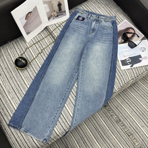 Chrome Hearts New Style Embroidered Cross Color-Blocked Denim Wide-Leg Trousers