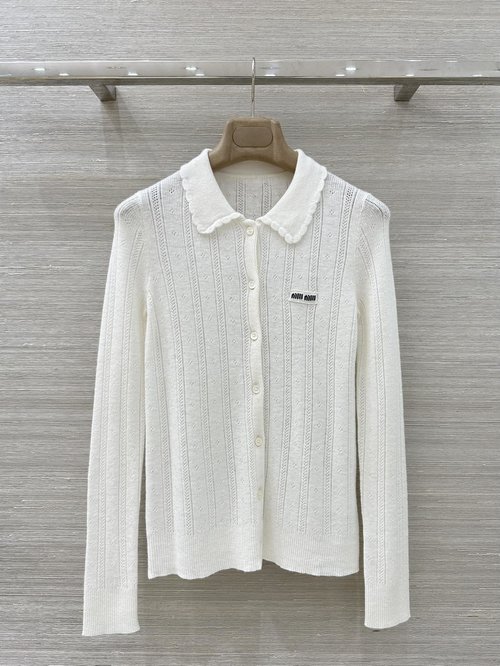 Miu Miu Exclusive Hollow Crochet Logo Polo Top in Silk Cashmere