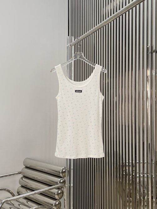 Miu Miu New - Blue Floral Print Sleeveless T-Shirt