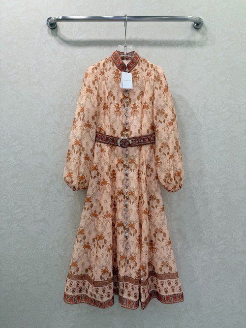 Zimmermann Floral High-Collar Long Dress with Custom Hardware and Belt