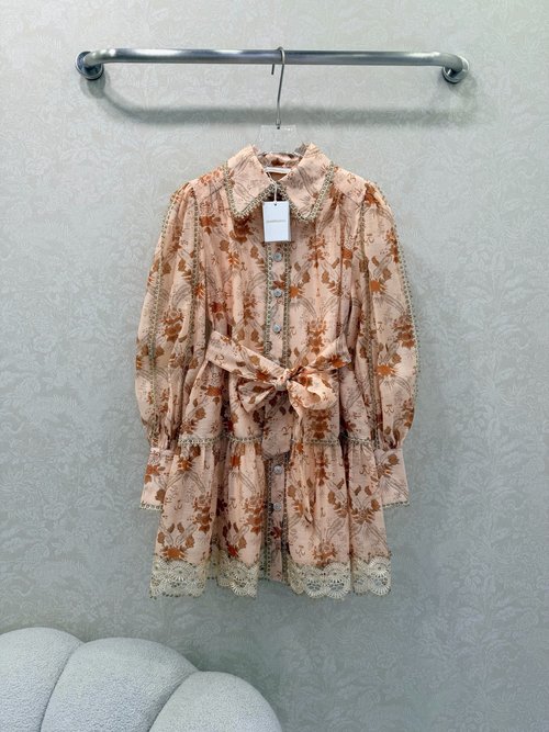 Zimmermann Early Spring Spliced Lace Dress with Lantern Sleeves and Diamond Buckles