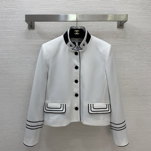 Dior Navy Style Collared Jacket with Stripe and Embroidered Bees