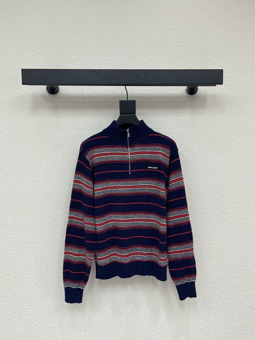Miu Miu Striped Stand-Collar Long-Sleeve Knit with Retro Zippers