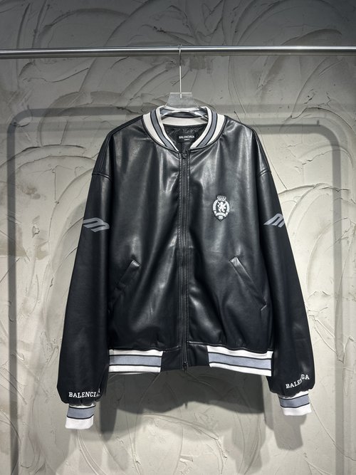 Balenciaga Football Series Heavy - Embroidered Leather Baseball Jacket