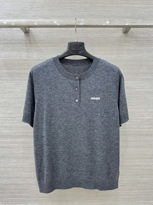 Miu Miu Popular Miu - style Henry Collar Knitted Short Sleeve Sweater